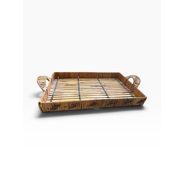 Mid-Century Modern Vintage Bamboo & Rattan Tray With Woven Handles, Mid-Century For Sale - Image 3 of 6