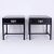 Chic pair of black lacquered Asian influenced night stands or end tables with stylized brushed aluminum hardware and a...
