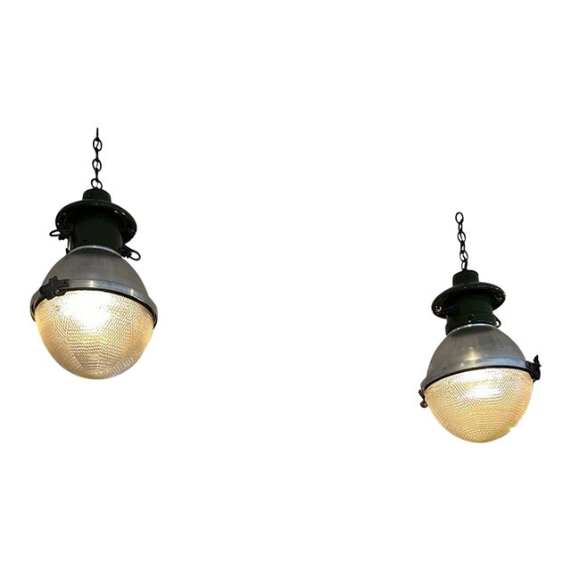 Vintage Industrial Pendants With Green Enamel - A Pair For Sale