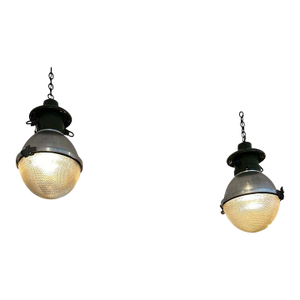 Vintage Industrial Pendants With Green Enamel - A Pair