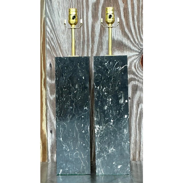 Vintage Boho Solid Black Marble Lamps - a Pair For Sale - Image 4 of 10