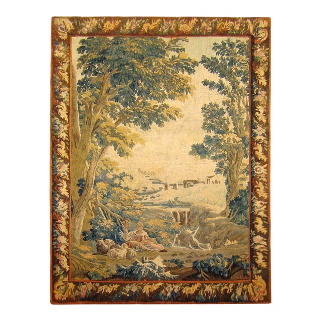 18th Century French Pastoral Landscape Tapestry, with a Couple and Their Flock For Sale