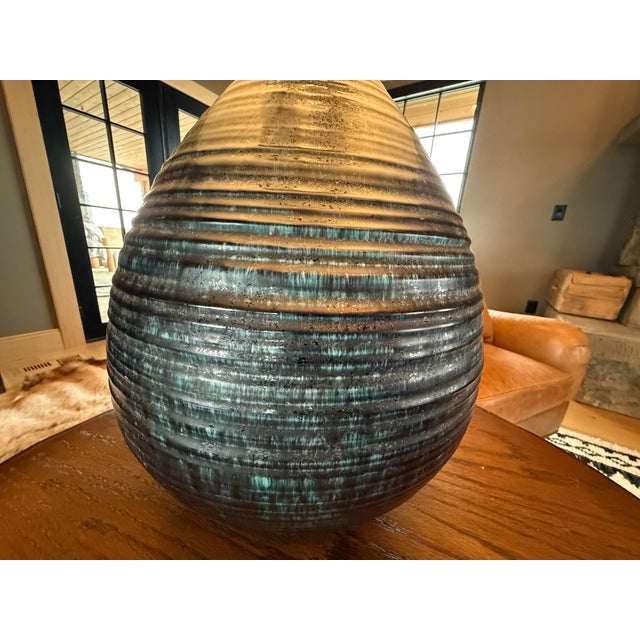 Ceramic Wide Bottom Blue Lamp. Drip Glaze Hand Thrown Body. Deep Blues.1966 For Sale - Image 6 of 7