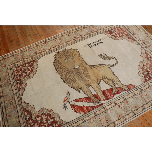 Lion Motif Vintage Turkish White Ground Dowry Rug, 20th Century - 4'7" x 6'9" For Sale - Image 16 of 18