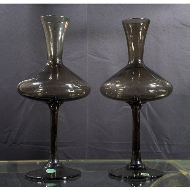 Glass Studio, Murano Vintage Balboa Venetian Smoked Glass Footed Decanters / Vases Handmade in Italy - A Pair For Sale - Image 4 of 9