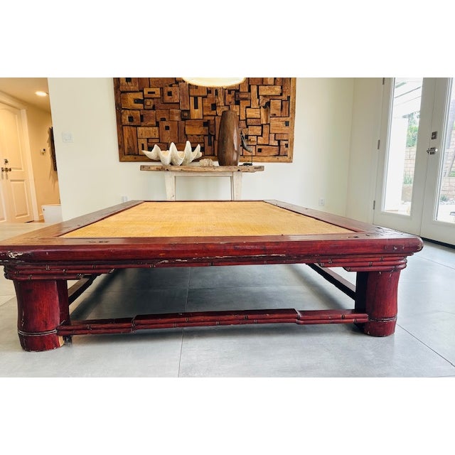 ANTIQUE CHINESE OPIUM/DAYBED 19th C Red Waxed Elm Wood with Rattan top Carved legs - Vertical and Horizontal Carvings in...