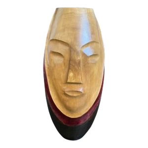 Three-Tone Mango Wood Carving Big Face Sculptured Flower Vase