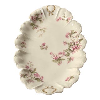 Antique Haviland Limoges Oval Serving Tray – Pink Florals & Scalloped Ruffled Edge For Sale