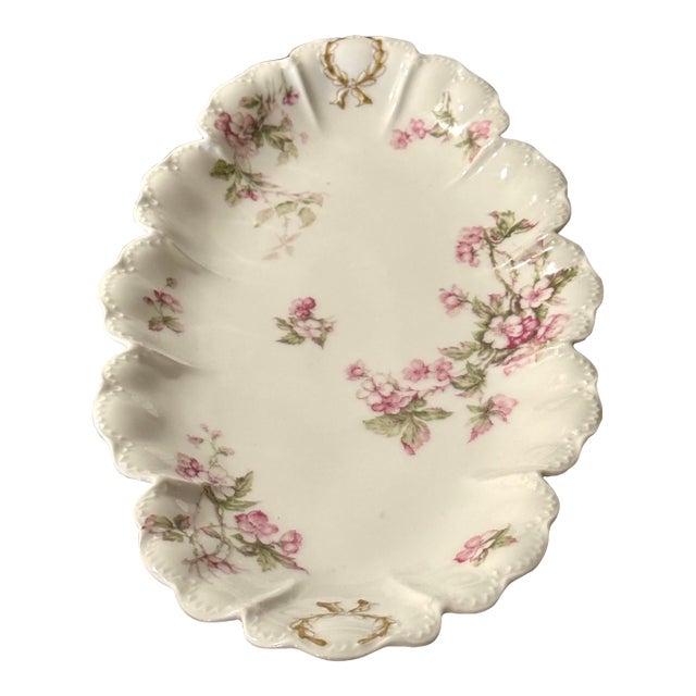Antique Haviland Limoges Oval Serving Tray – Pink Florals & Scalloped Ruffled Edge For Sale