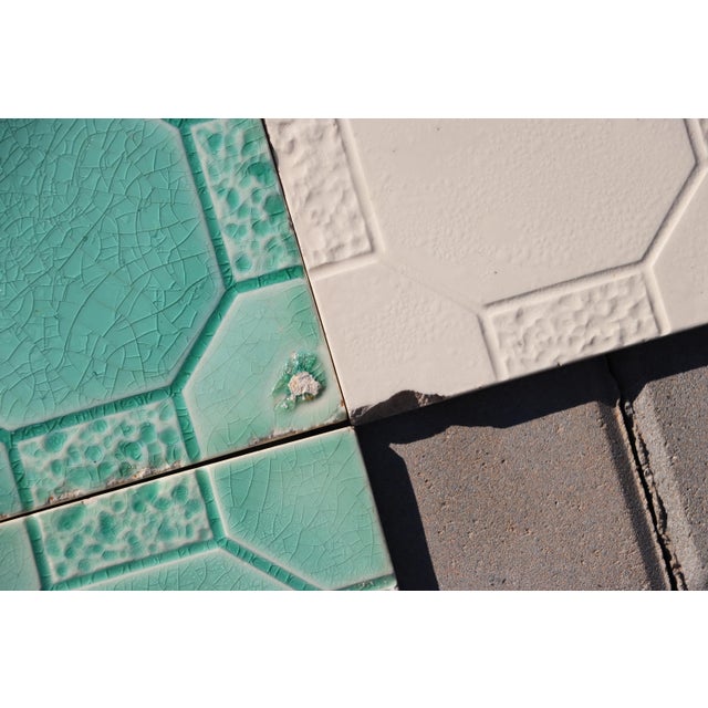 Art Deco Set of Seven Large Portuguese Glazed Tiles Mint Green & White Geometric Design c.1910s For Sale - Image 9 of 13