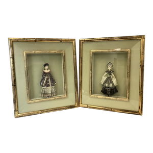Pair of Hollywood Regency Chinoiserie Figural Shadowboxes in Faux Bamboo Gilt Frames, C. 1970s