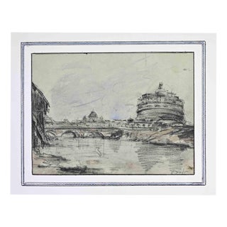 Edouard Dufeu, View of Rome: Castel SantAngelo, Late 19th Century, Pencil & Charcoal on Paper For Sale