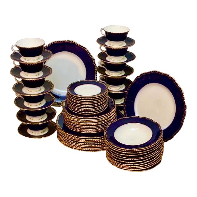 1950s Royal Worcester English Porcelain Dinnerware Navy Blue & Gold Encrusted Set for 12 - 72 Pieces For Sale