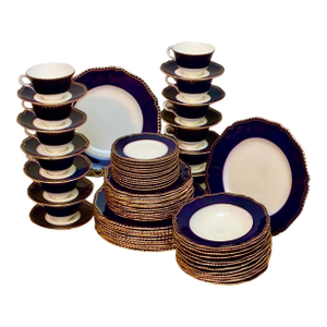 1950s Royal Worcester English Porcelain Dinnerware Navy Blue & Gold Encrusted Set for 12 - 72 Pieces