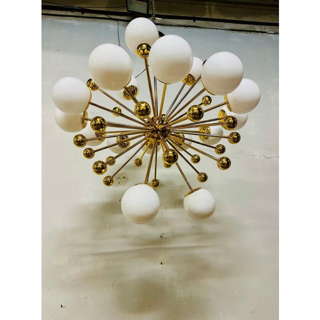 Gold Vintage Italian Sputnik Chandelier in Brass and Opaline Glass, 1970s For Sale - Image 8 of 9