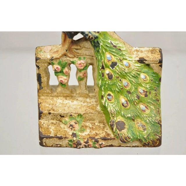 1900 - 1909 Antique Hubley Art Deco Cast Iron Figural Blue Green Peacock Painted Door Stop For Sale - Image 5 of 11