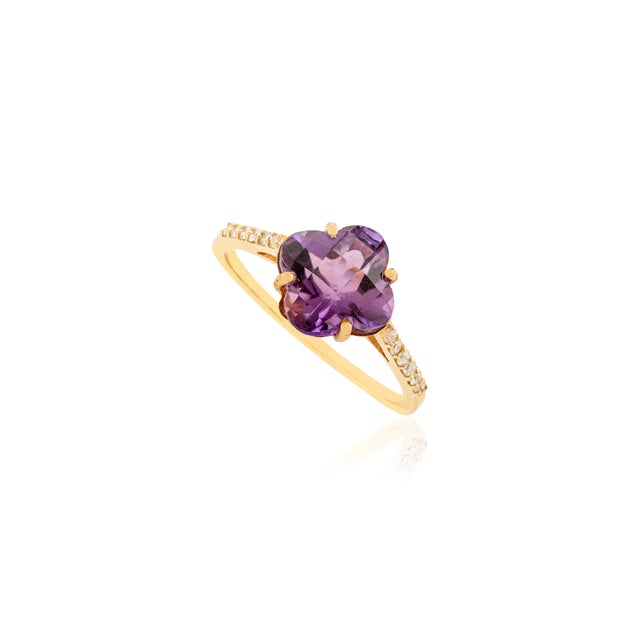 Art Deco VRJewels 14k Yellow Gold Clover Amethyst Diamond Cocktail Ring Size 7 For Sale - Image 3 of 14