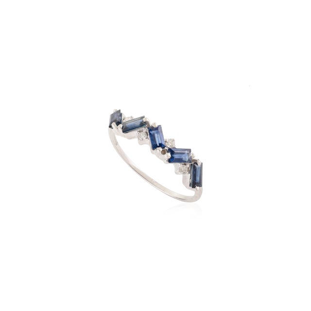 Minimalism Baguette Blue Sapphire & Diamond Geometric Half Eternity Band Size 7 in 14k Gold For Sale - Image 3 of 13