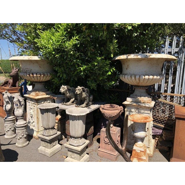 Antique Classical Cast Iron Garden Urns on Pedestals, Set of 2 For Sale - Image 10 of 18