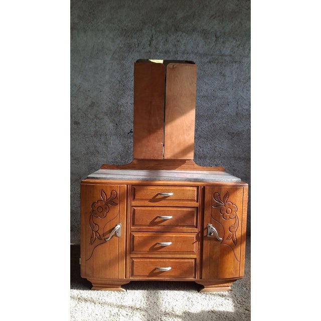 Art Deco Dressing Table in Oak and Marble with Triptych Mirror, 1930s For Sale - Image 4 of 13