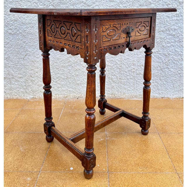 Antique Castilian Oak Side Table With One Carved Drawer, 1920s For Sale - Image 13 of 15