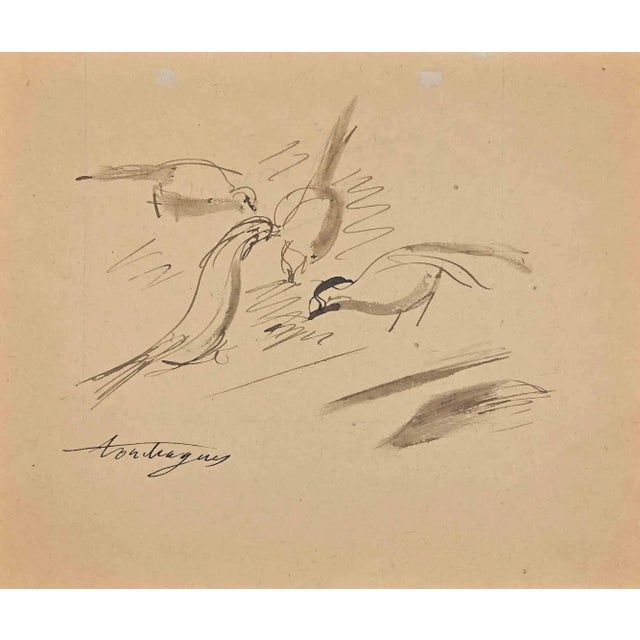 The Birds is an Original Drawing realized by Louis Touchagues in the mid 20th Century. Drawing in ink and pen. Hand-signed...