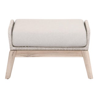 Loom Teak & Rope Outdoor Footstool, Taupe & White Flat Rope For Sale