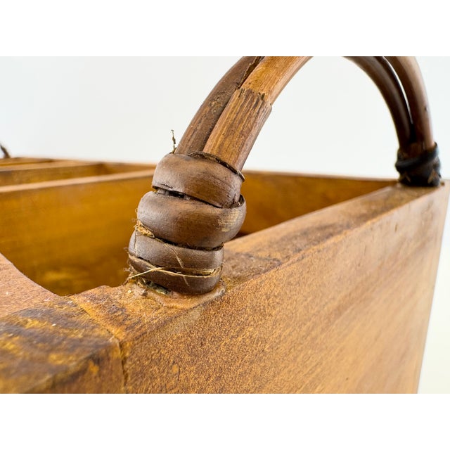 1970s Vintage Indonesian Wood and Woven Rattan Four-Compartment Storage Caddy For Sale - Image 5 of 15