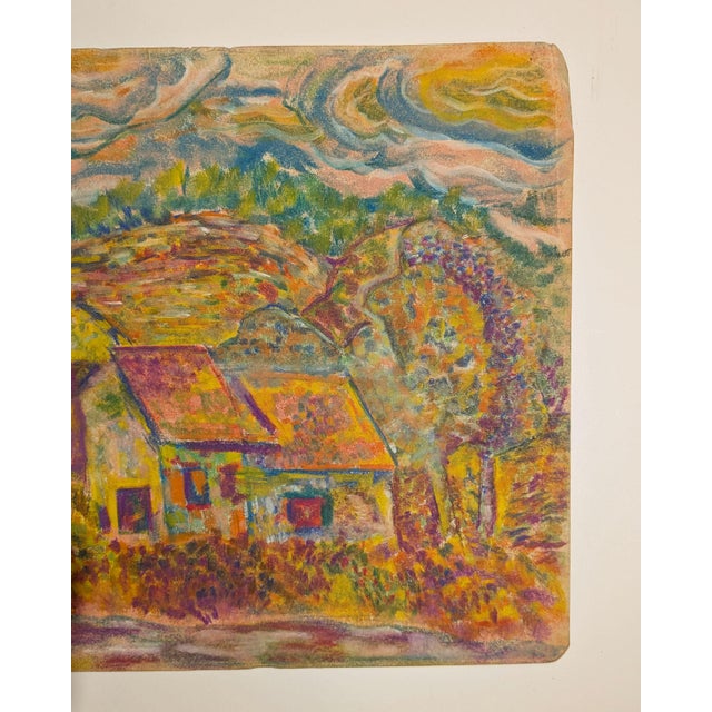 Vintage Mid-Century Expressionist Village Landscape Oil Pastel on Paper For Sale - Image 4 of 4