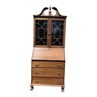 Antique Secretary Desk Fold Down Glass Cabinet Hutch With Drawers For Sale