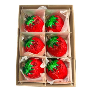 1980s Large Strawberry Mercury Glass Christmas Ornaments 4” - A Set of 6 For Sale