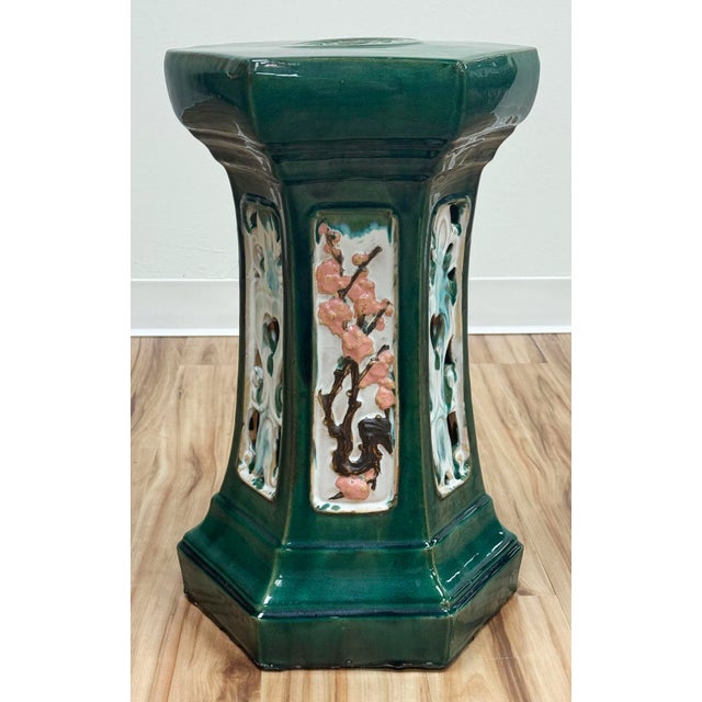 Vintage tall Majolica style pedestal garden stool mostly rich green in color with splashes of terra cotta and blue in a...