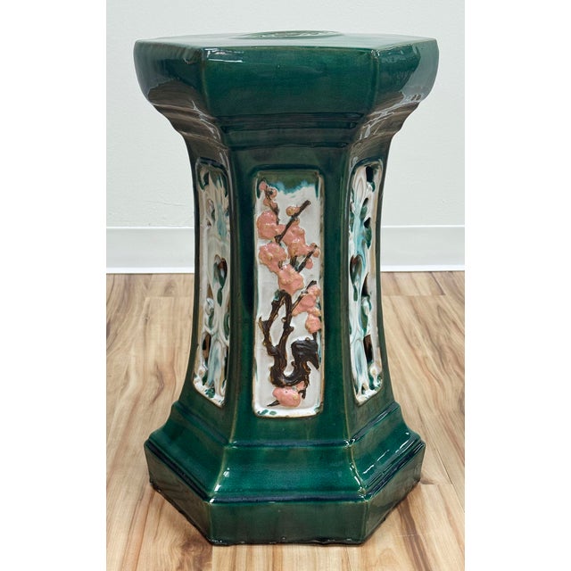 Vintage tall Majolica style pedestal garden stool mostly rich green in color with splashes of terra cotta and blue in a...