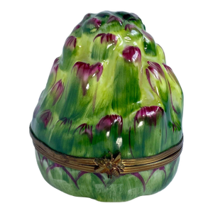1970s Artichoke Shaped Limoges Trinket Box - France Peint Main Pv Artichoke Signed Nina Ricci -