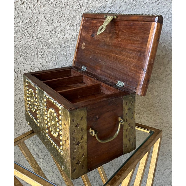 Mid 20th Century Mid 20th‑Century Spanish Colonial-Style Hand Hewn Walnut Wood & Brass Accent Box For Sale - Image 5 of 18