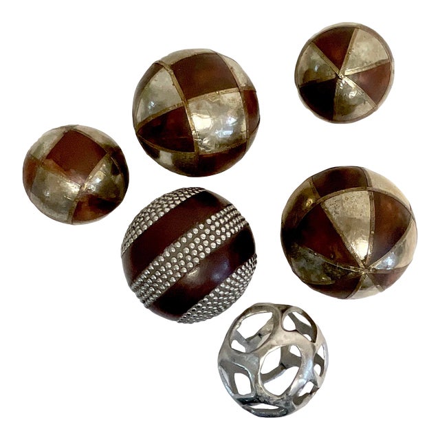 1980s Vintage Boho Chic Arts & Crafts Decorative Balls, Wood and Metal - Set of 6 For Sale