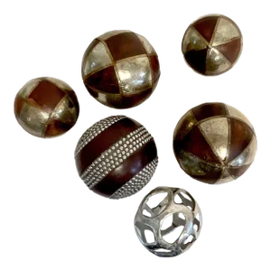 1980s Vintage Boho Chic Arts & Crafts Decorative Balls, Wood and Metal - Set of 6