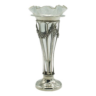 1900s Edwardian Small Antique Stem Vase, English, Silver, Glass, Decor, Art Nouveau For Sale