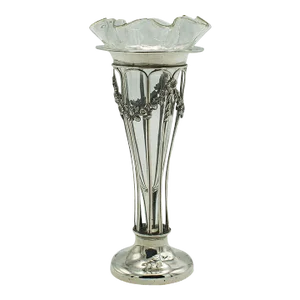 1900s Edwardian Small Antique Stem Vase, English, Silver, Glass, Decor, Art Nouveau