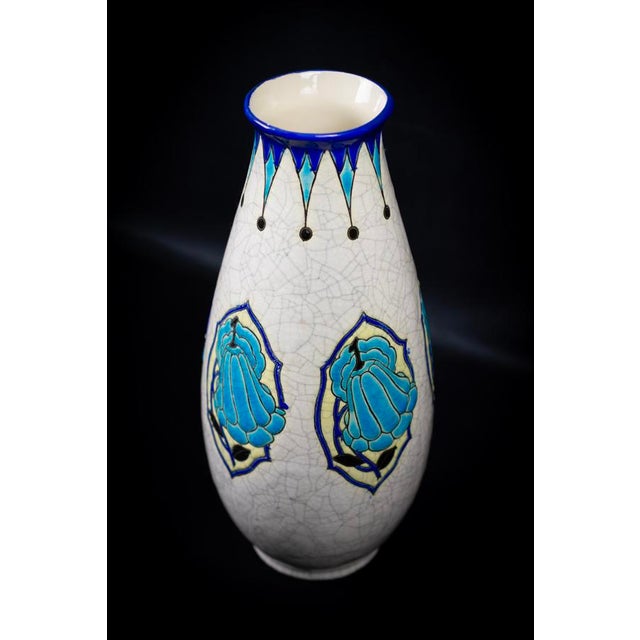 Ceramic Art Deco Vase in Glazed Crackled Earthenware with Blue Flowers by Maurice Dufrene for Keramis, La Louviere, Belgium, 1920s For Sale - Image 7 of 15