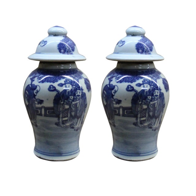 Lot of 2 Chinese Porcelain Blue & White Small Round Lid Jars For Sale