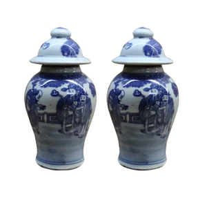 Lot of 2 Chinese Porcelain Blue & White Small Round Lid Jars