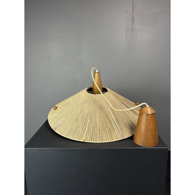 Beige Large Mid-Century Teak and Sisal Cord Pendant Light from Temde Leuchten, 1960s For Sale - Image 8 of 11