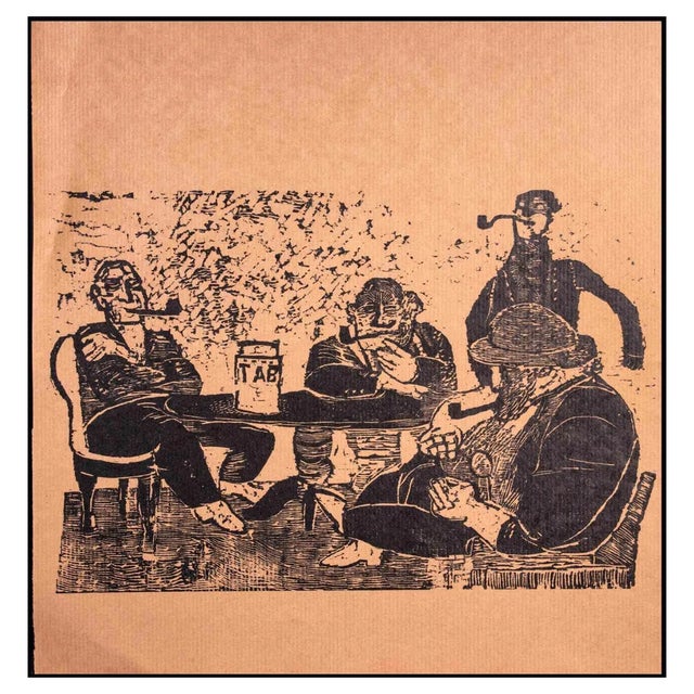 Unknown, Men Who Smoke the Pipe, Original Woodcut Print, Early 20th-Century For Sale