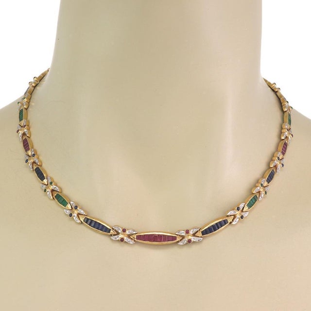 Late 20th Century Ruby Sapphire Emerald Gold Necklace 18k Diamond Multicolor Gems Fancy Link For Sale - Image 5 of 5
