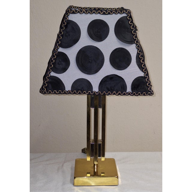 Vintage Square Bimetallic Table Lamp with Fabric Shade, 1980s, in Very Good conditions. Designed 1980 to 1989 European...