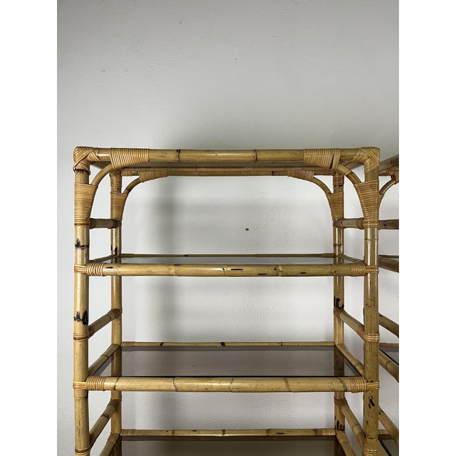 Italian Bamboo and Wicker Bookcases with Glass Shelves, 1970s, Set of 2 For Sale - Image 6 of 9