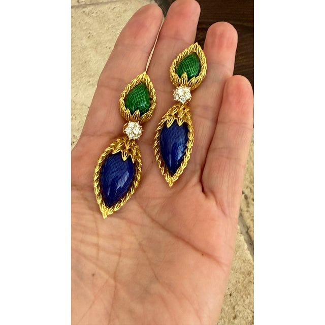1970s Spritzer & Fuhrmann French Guilloché Enamel Diamond Earrings, Pair For Sale - Image 12 of 14