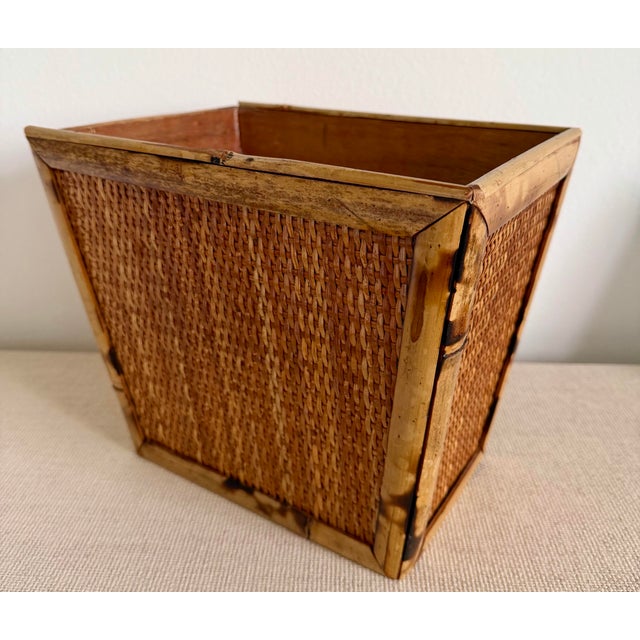 Burnt Tortoise Bamboo Woven Rattan Wastebasket For Sale In Miami - Image 6 of 9