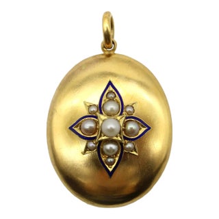 Victorian 14k Gold Locket With Floral Pearl and Enamel Decoration For Sale